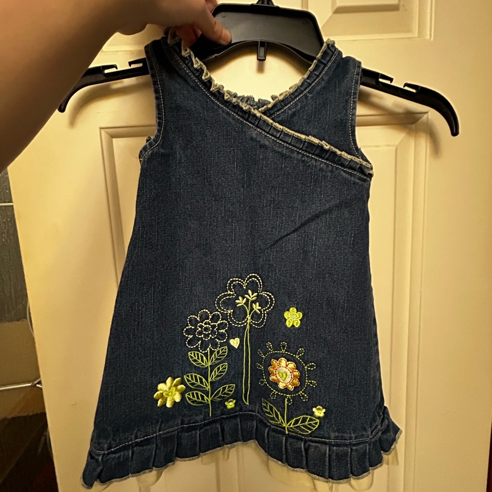 Girls Dark Denim Floral Embroidered Dress - Navy with Lime Accents